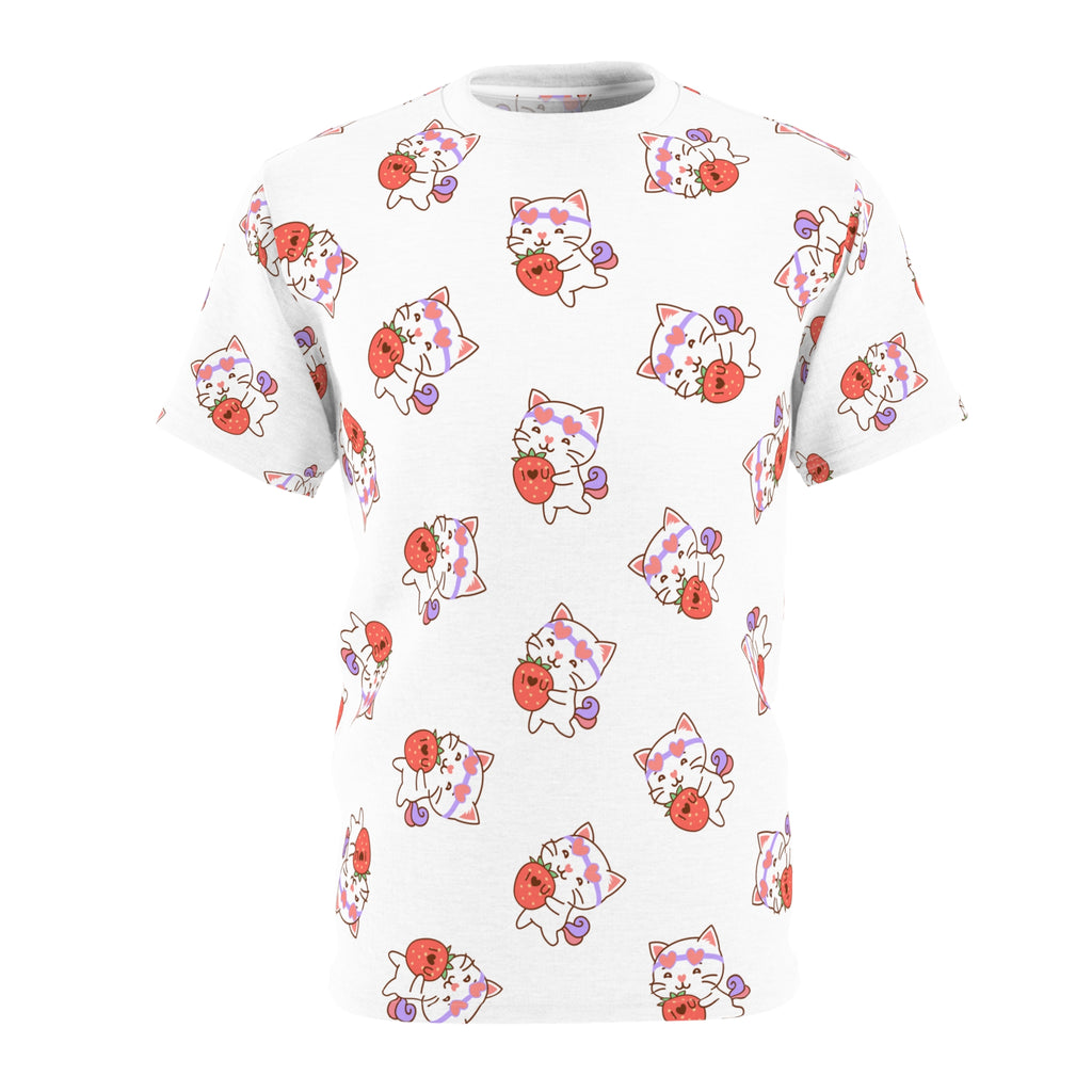 Cute Cat with Strawberry I Love you T-Shirt, Funny Cat Lover Tee, Graphic Cat Shirt, Kawaii Kitty Top, Cat and Fruit Design