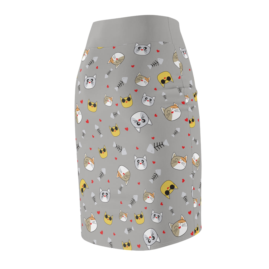Cool Cats Pattern Gray Women's Pencil Skirt - Stylish Feline Print Women's Skirt, Cat Lover Fashion, Gray Skirt