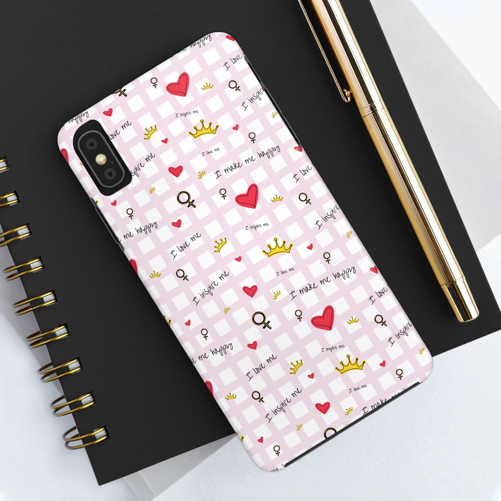 Cozy Hearts & Crowns Phone Case, Heart Design Protective Phone Cover, Crown Pattern Tough Case, Girly Phone Accessories, Valentine's Day