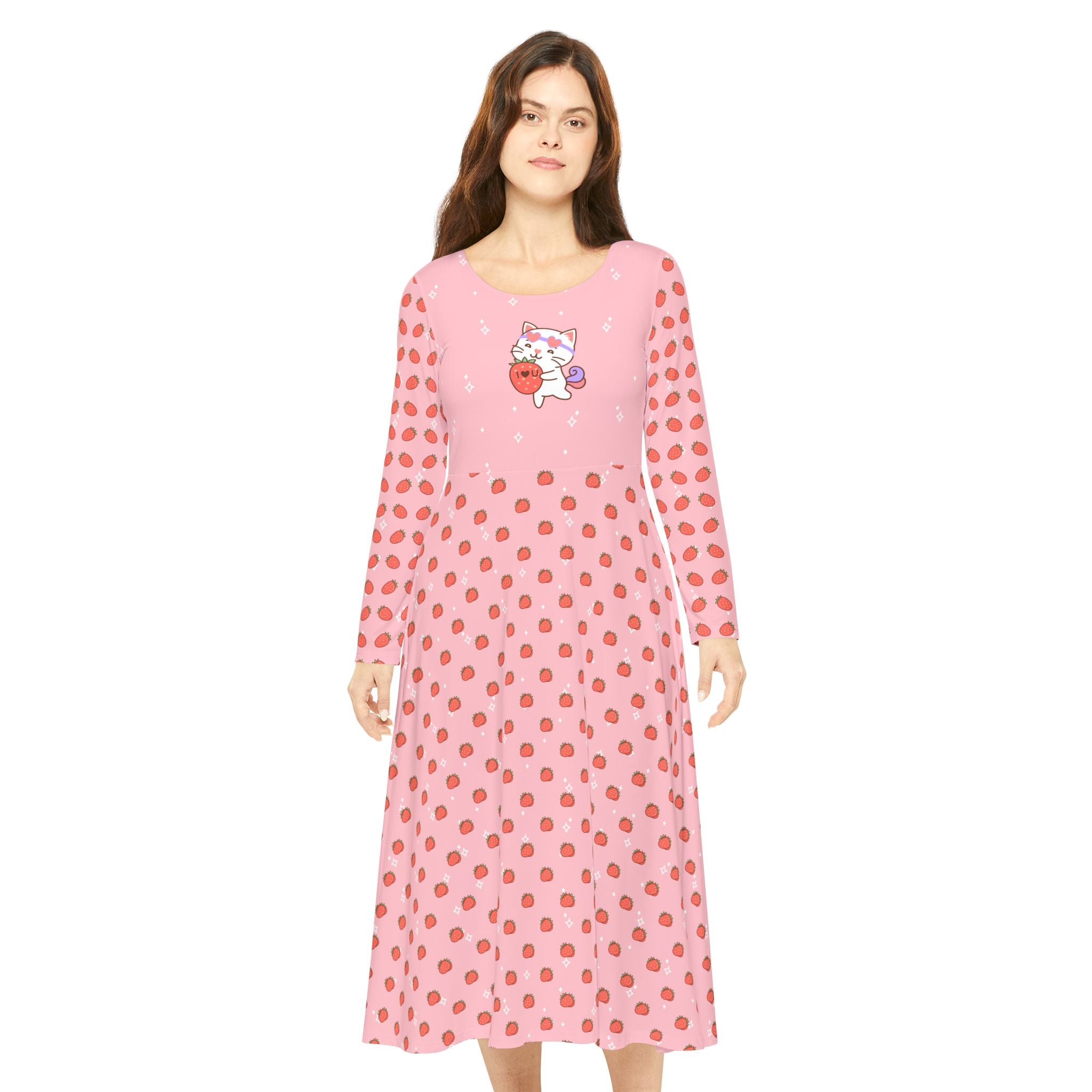 Kawaii Cat with Strawberry Women's Long Sleeve Dance Dress, Cute Cat Costume, Long Sleeve Dance Costume, Cat Lover Gift, Dance Class Outfit,