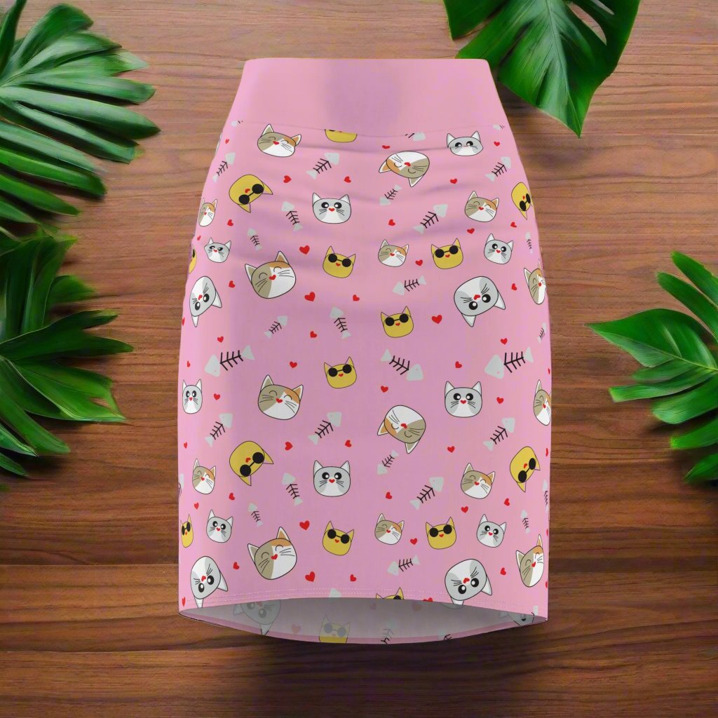 Cool Cats Pattern Pink Pencil Skirt, Women's Fashion, Cat Lover Gift, Office Attire, Trendy Skirt, Animal Print Skirt