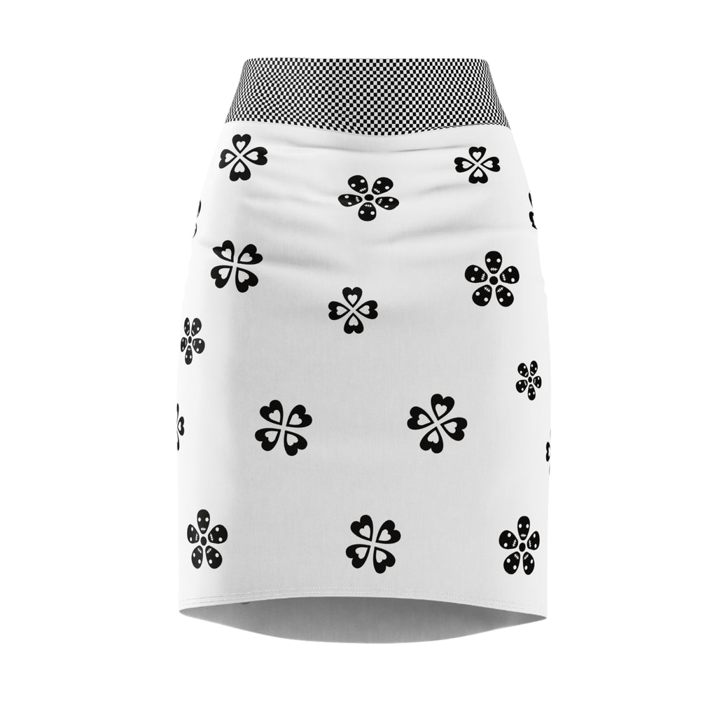 Skull Flower Heart Women's Pencil Skirt, Floral Goth Midi Skirt, Alternative Clothing, Black Lace Printed Skirt, Day of the Dead Fashion