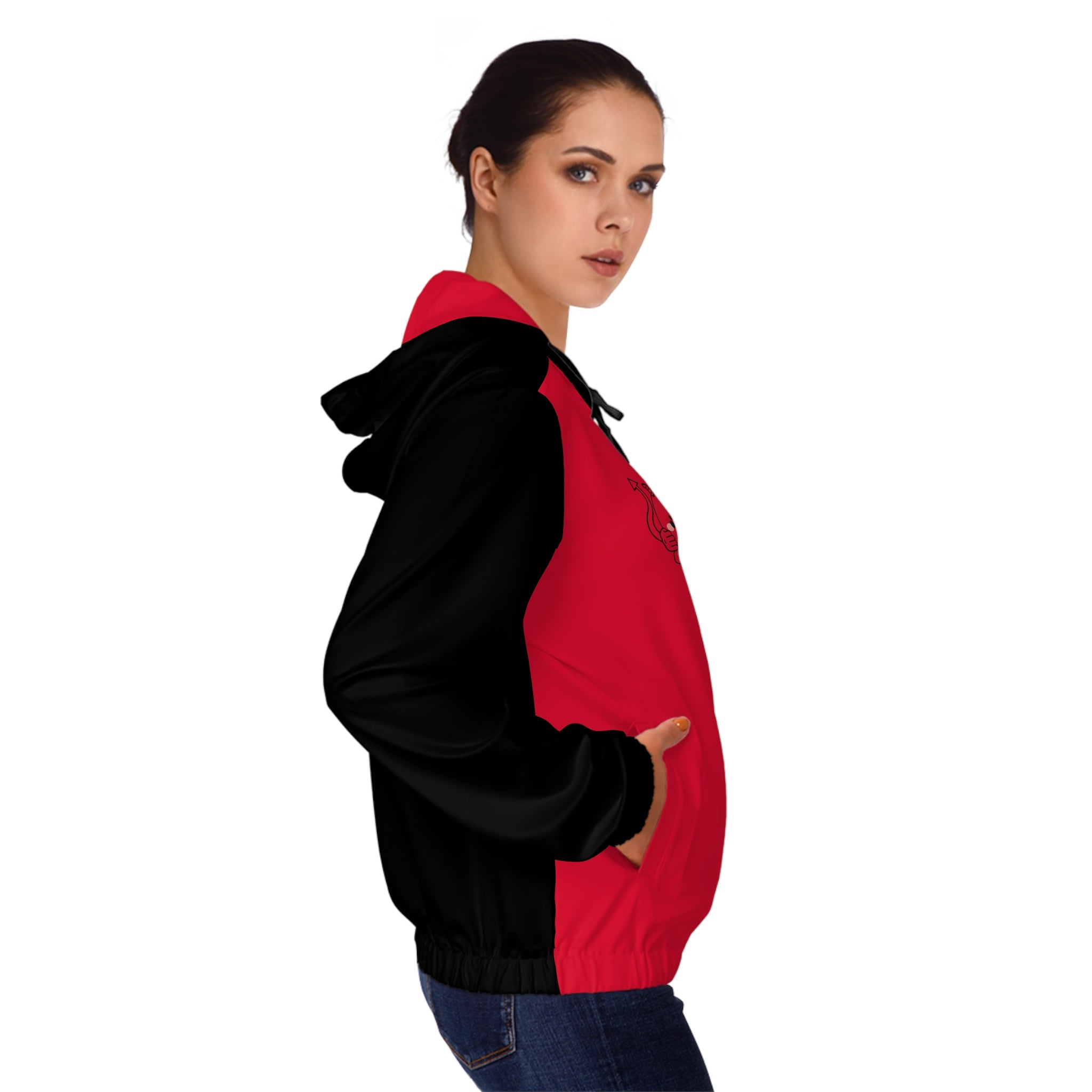 Kawaii Devil Full-Zip Hoodie, Red and Black Women's Sweatshirt