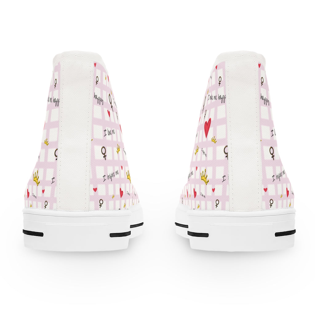 Cozy Hearts & Crowns High Top Sneakers for Women - Cute Heart Patterned Sneaker Shoes, Comfy Crown Design, Best Gift for Her, Trendy Casual