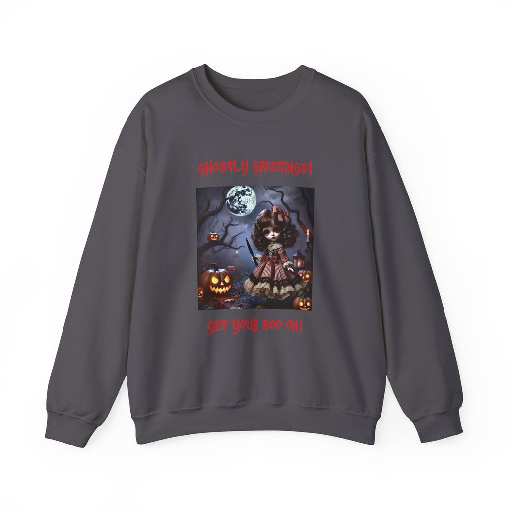 Halloween Doll With a Mix of Scary and Sweet Unisex Heavy Blend™ Crewneck Sweatshirt