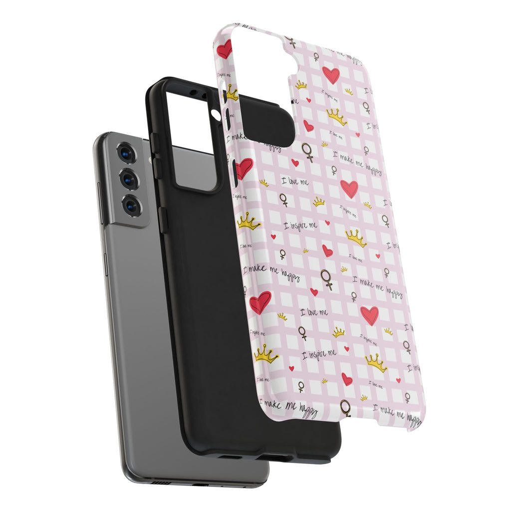 Cozy Hearts & Crowns Phone Case, Heart Design Protective Phone Cover, Crown Pattern Tough Case, Girly Phone Accessories, Valentine's Day