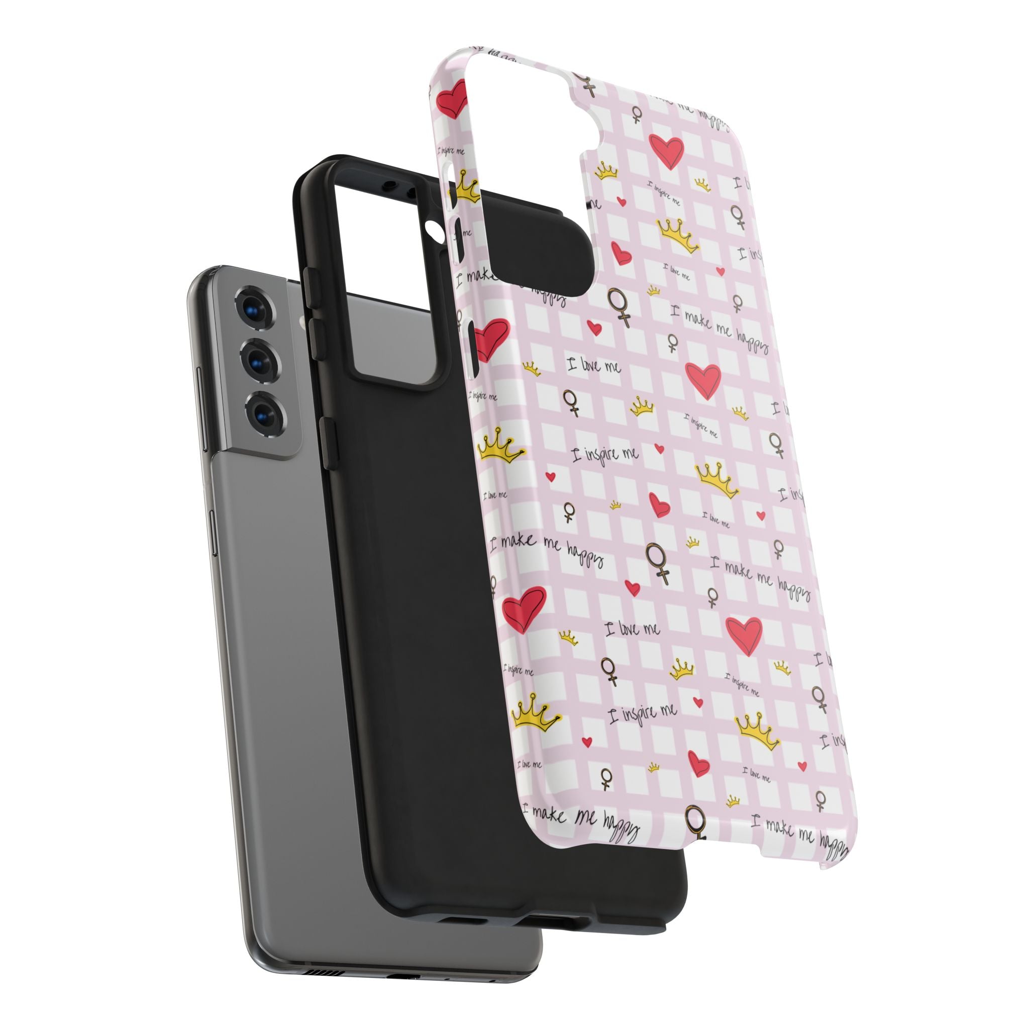 Cozy Hearts & Crowns Phone Case, Heart Design Protective Phone Cover, Crown Pattern Tough Case, Girly Phone Accessories, Valentine's Day