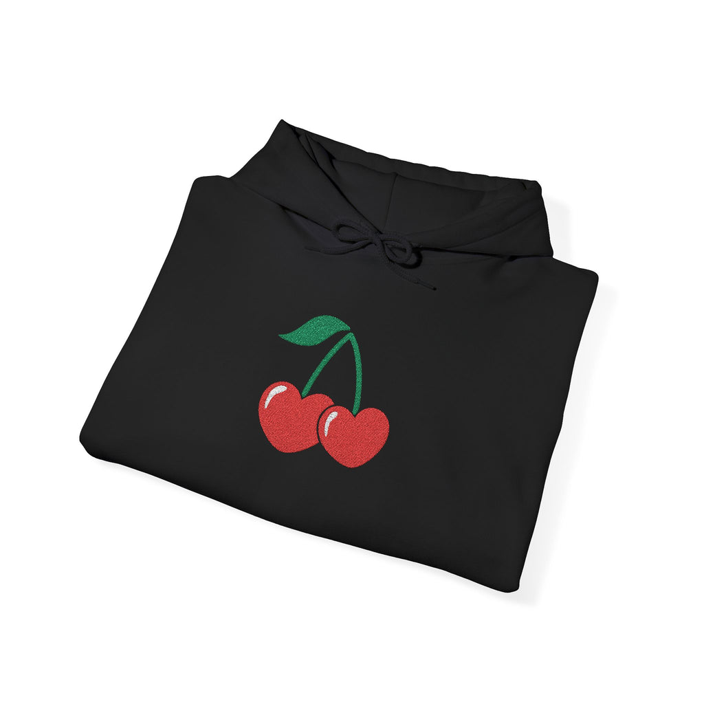 Cherry Heart Embroidered Hoodie — Heart Cherry Graphic Hooded Sweatshirt