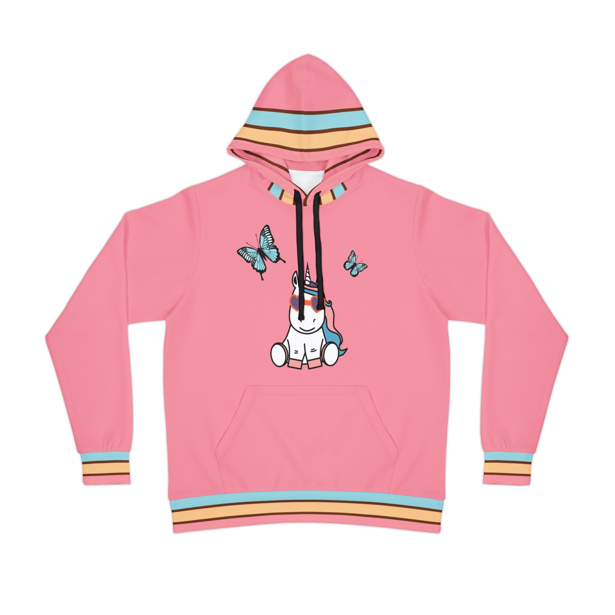 Kawaii Unicorn with Butterflies Pink Athletic Hoodie - Cute Unicorn Sweatshirt, Magical Creatures Pullover, Fantasy Jacket, Fun Workout