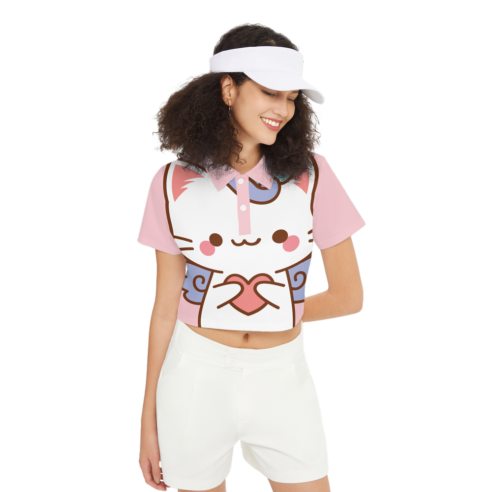 Kawaii Cat Heard Short-Sleeve Crop Polo Shirt-Heavyweight 225g