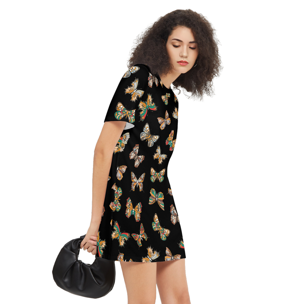 Butterflies Pattern Women's Short-Sleeve T-Shirt Dress Black, Elegant Butterfly Print Dres