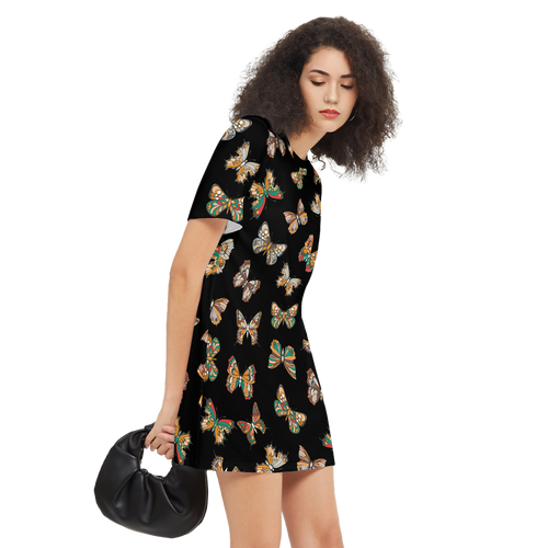Butterflies Pattern Women's Short-Sleeve T-Shirt Dress Black, Elegant Butterfly Print Dres