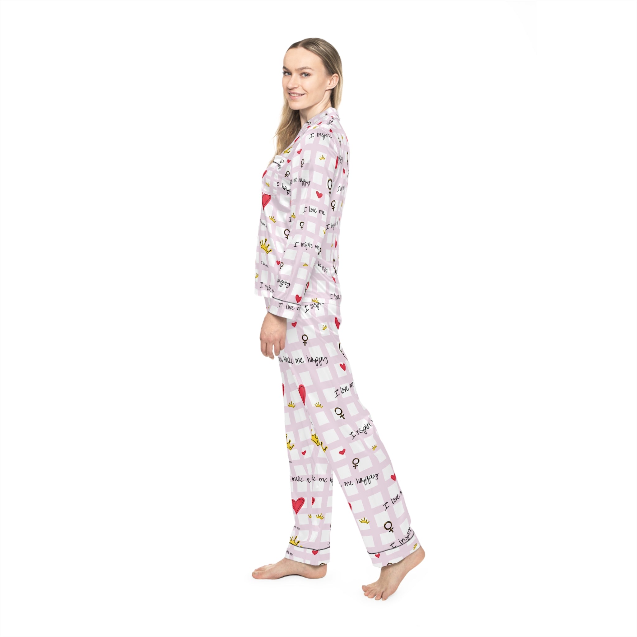 Cozy Hearts & Crowns Satin Pajamas - Women's Sleepwear Set, Cute Printed PJ's, Gift for Her, Lounge Wear, Nightwear