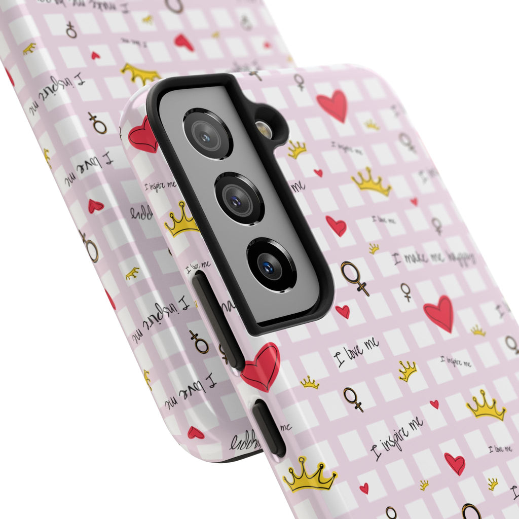 Cozy Hearts & Crowns Phone Case, Heart Design Protective Phone Cover, Crown Pattern Tough Case, Girly Phone Accessories, Valentine's Day