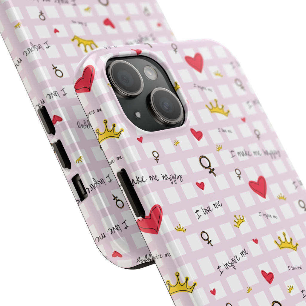 Cozy Hearts & Crowns Phone Case, Heart Design Protective Phone Cover, Crown Pattern Tough Case, Girly Phone Accessories, Valentine's Day