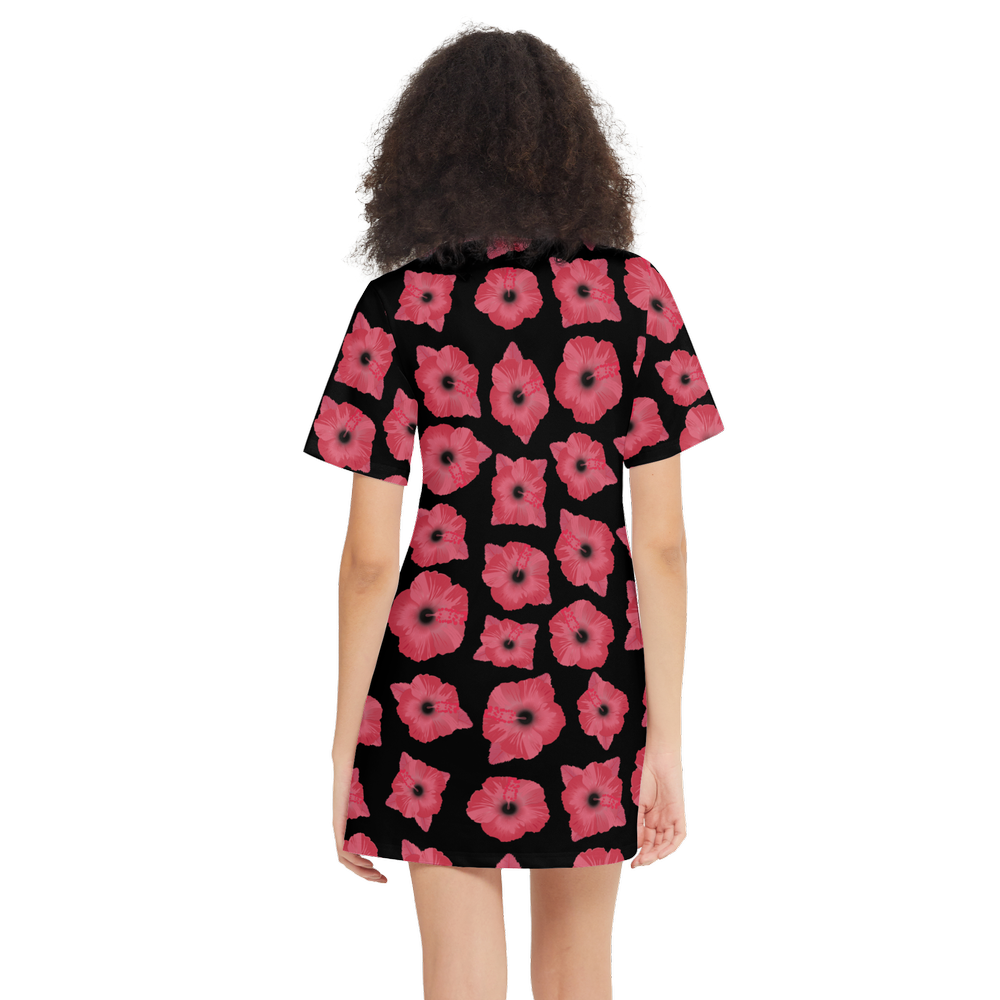 Red & Black Poppy Pattern Women's Short-Sleeve T-Shirt Dress – Heavyweight 225g