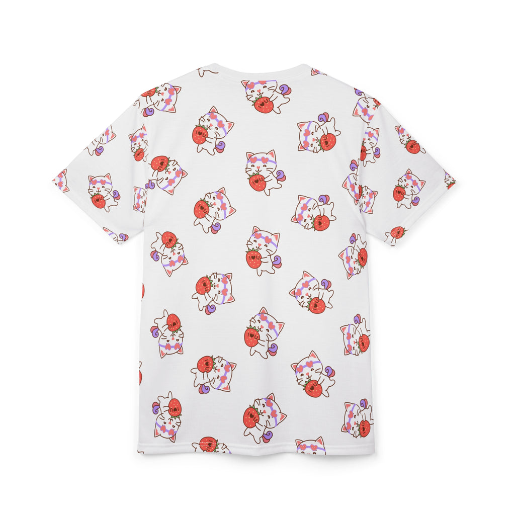 Cute Cat with Strawberry I Love you T-Shirt, Funny Cat Lover Tee, Graphic Cat Shirt, Kawaii Kitty Top, Cat and Fruit Design
