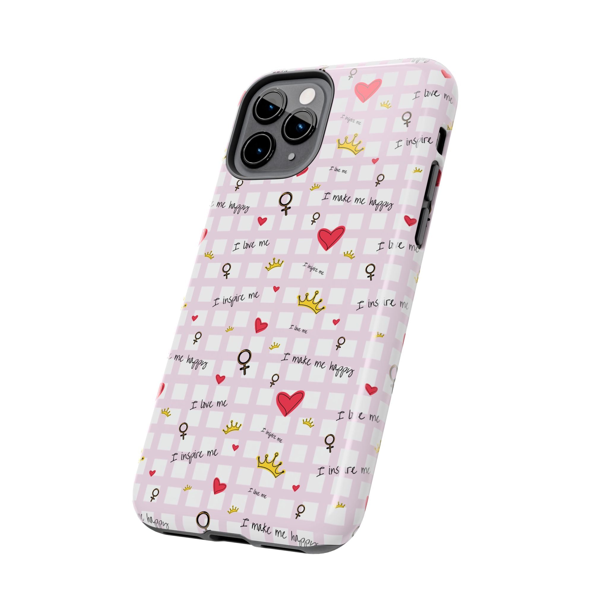 Cozy Hearts & Crowns Phone Case, Heart Design Protective Phone Cover, Crown Pattern Tough Case, Girly Phone Accessories, Valentine's Day