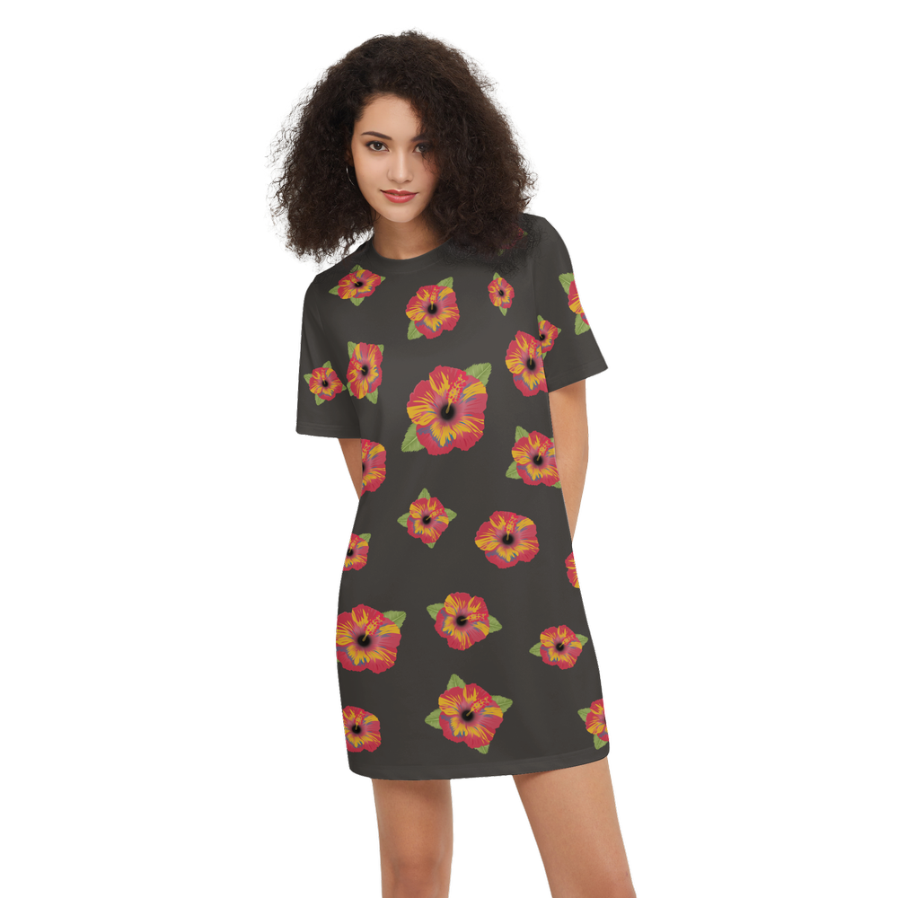 Poppy Flower Pattern Women's Short-Sleeve T-Shirt Dress-Heavyweight 225g