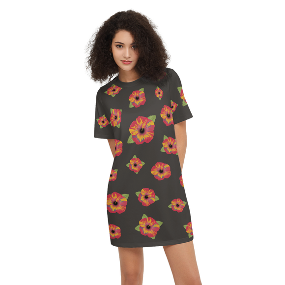 Poppy Flower Pattern Women's Short-Sleeve T-Shirt Dress-Heavyweight 225g