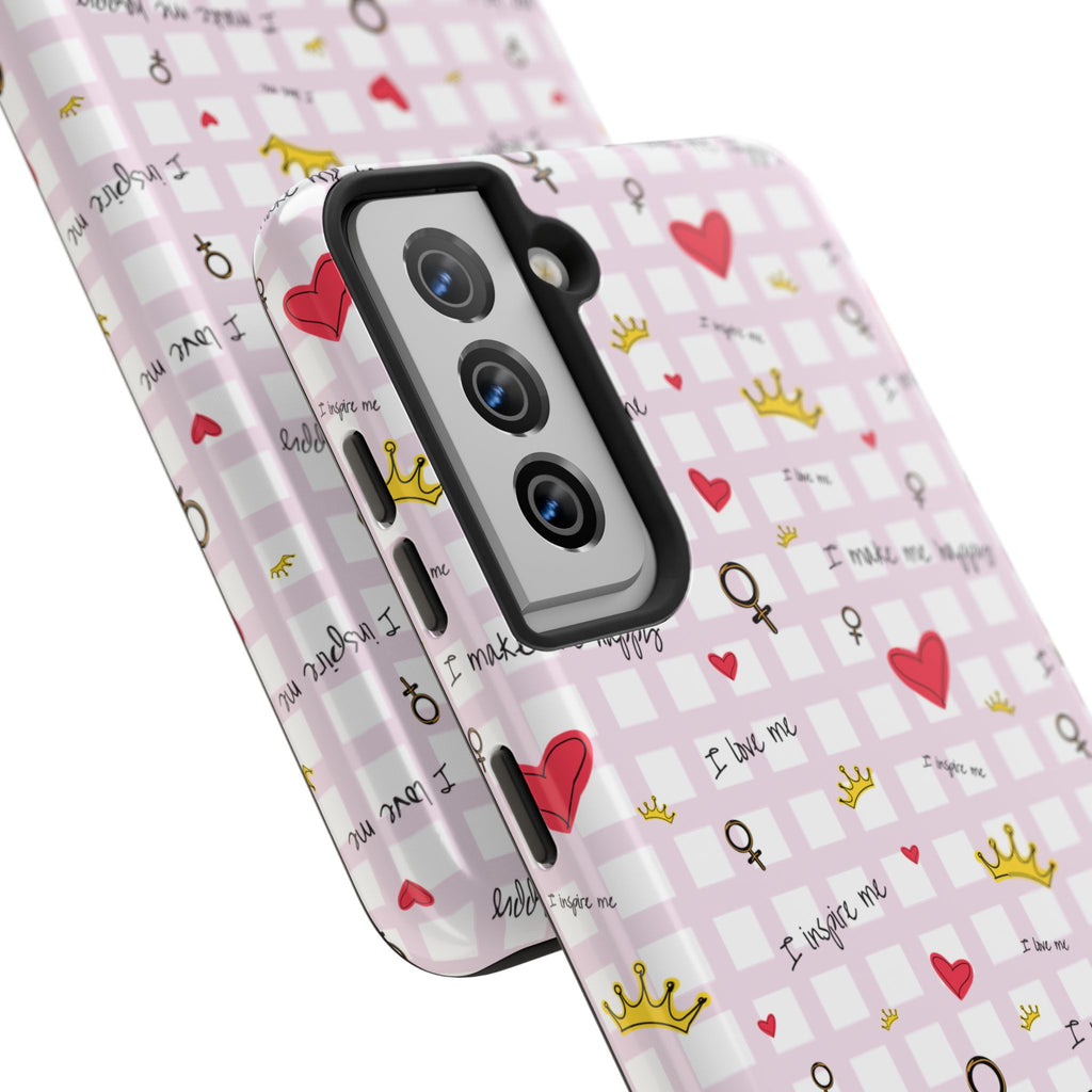 Cozy Hearts & Crowns Phone Case, Heart Design Protective Phone Cover, Crown Pattern Tough Case, Girly Phone Accessories, Valentine's Day