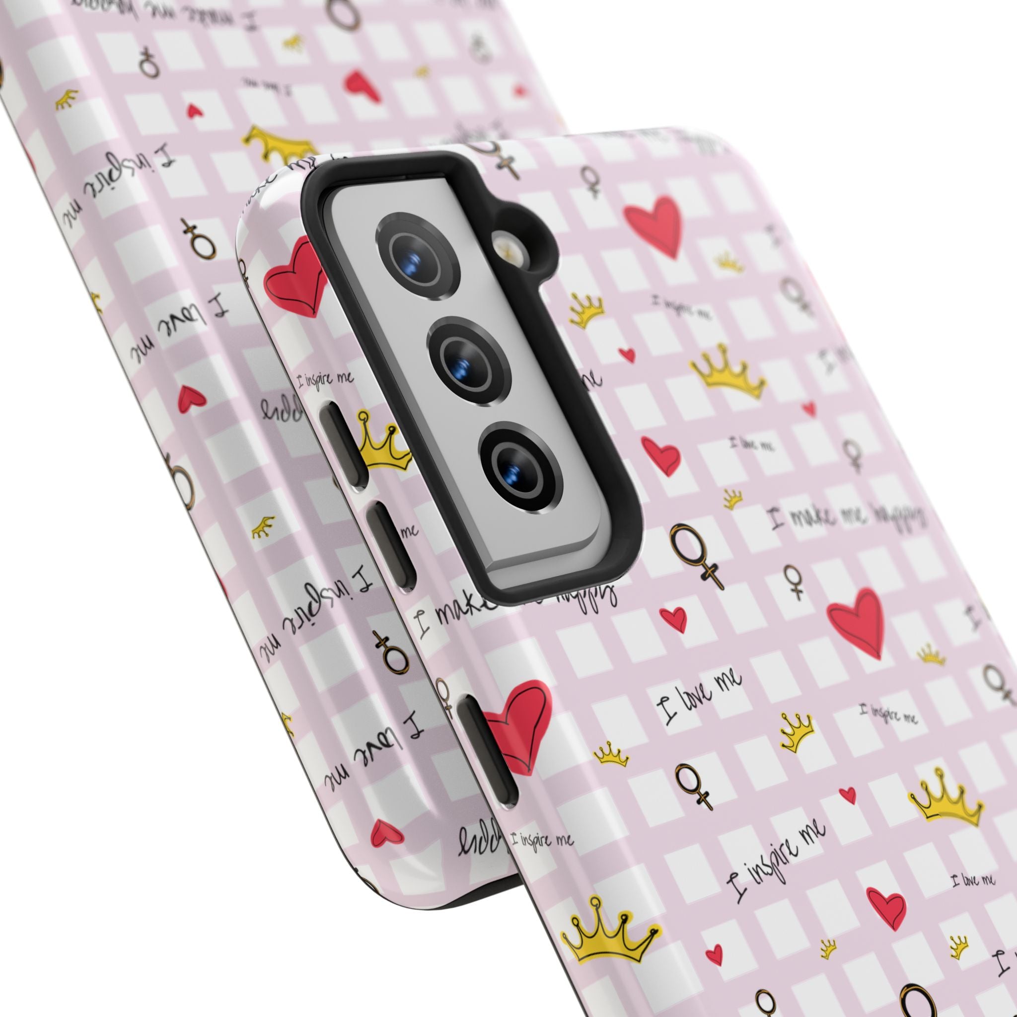 Cozy Hearts & Crowns Phone Case, Heart Design Protective Phone Cover, Crown Pattern Tough Case, Girly Phone Accessories, Valentine's Day