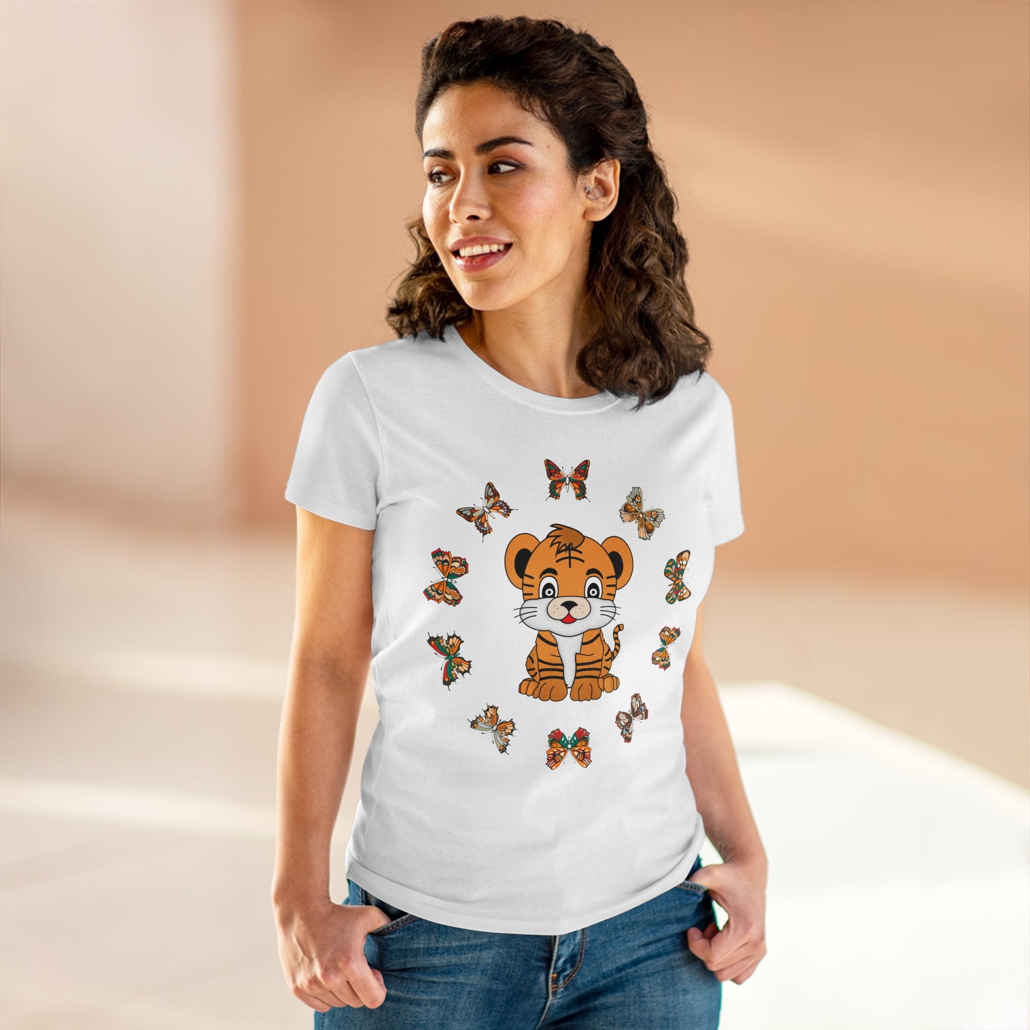 Kawaii Tiger in Butterflies Circle Tee, Women's Clothing, Cute Animal Graphic Shirt, Short Sleeve Top, Casual Wear