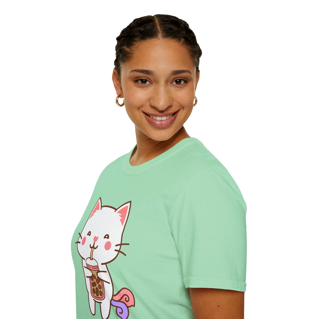 Cat Boba Tea Bubble Tea Anime Kawaii Neko Softstyle T-Shirt, Cute Japanese Kitty Drink Tee, Fun Cartoon Cat Lover Shirt, Trendy