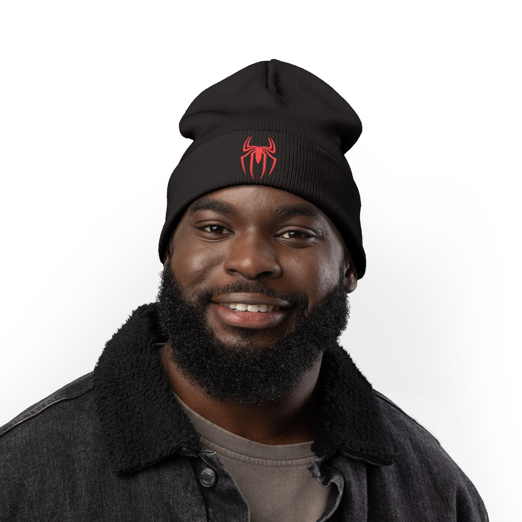 Embroidered Black Spider Knit Beanie — Halloween Spider Hat