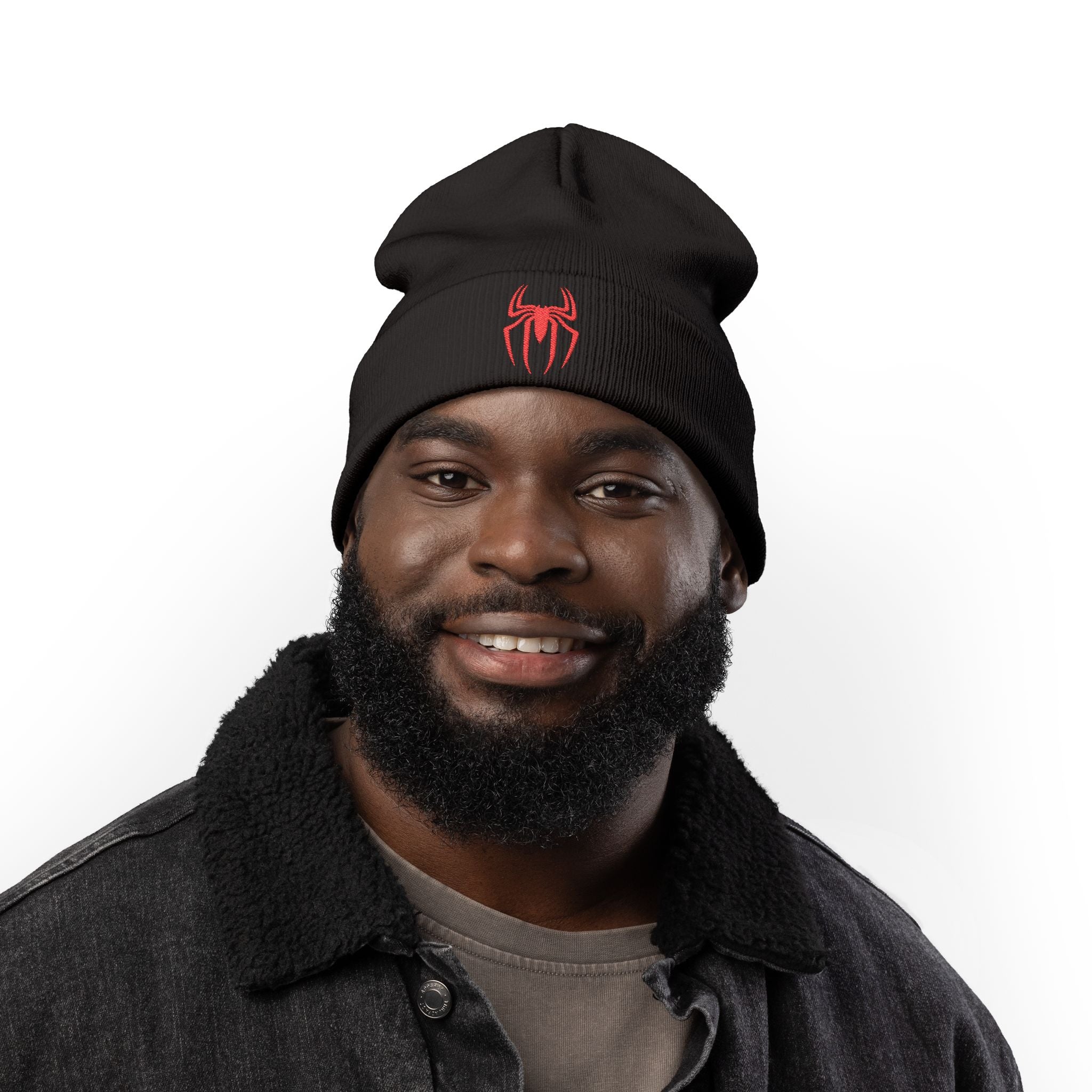 Embroidered Black Spider Knit Beanie — Halloween Spider Hat