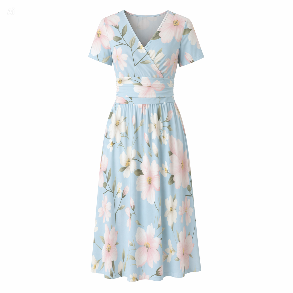 Pastel Blue Floral V-Neck Midi Dress