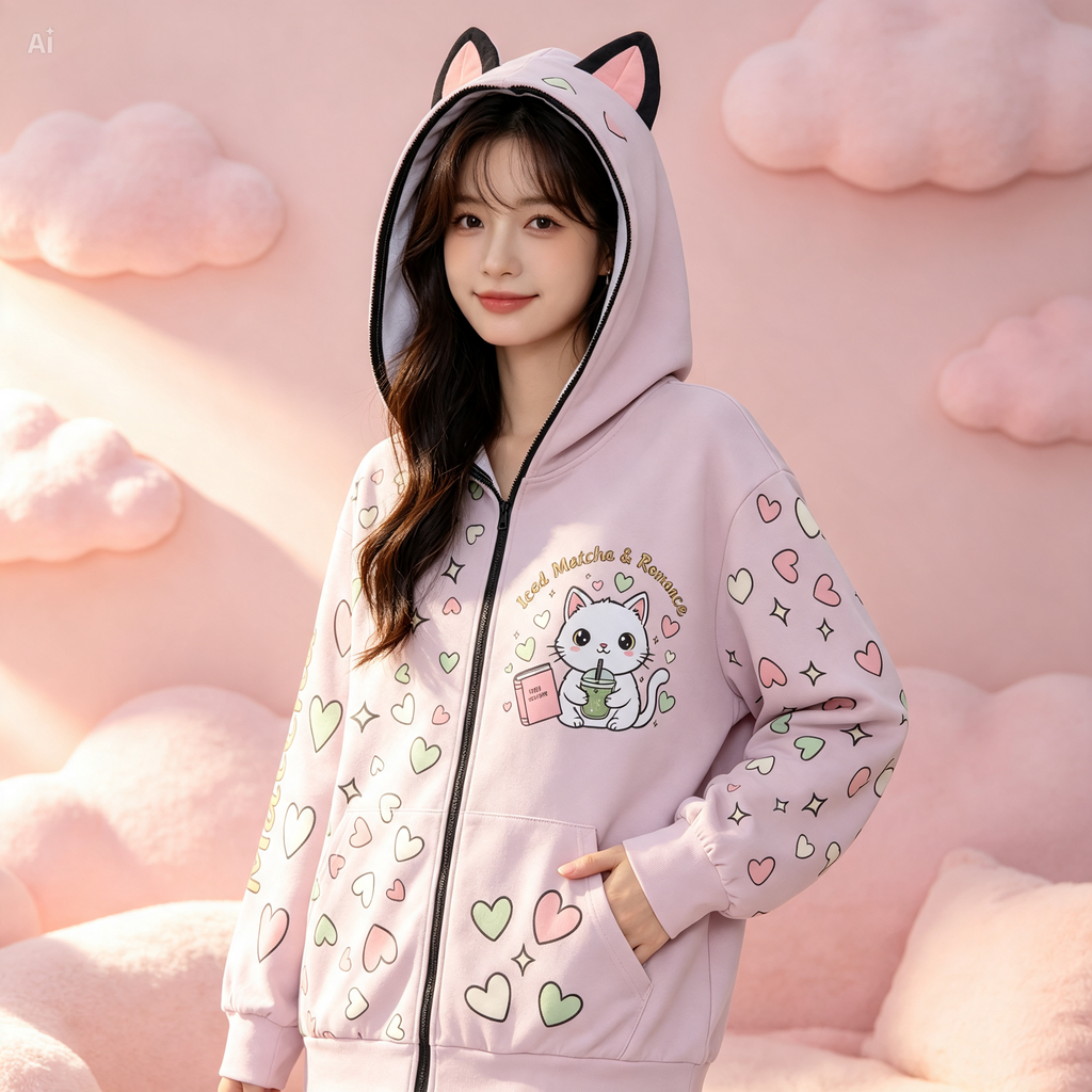 Matcha Reading Cat Ear Zip-Up Hoodie