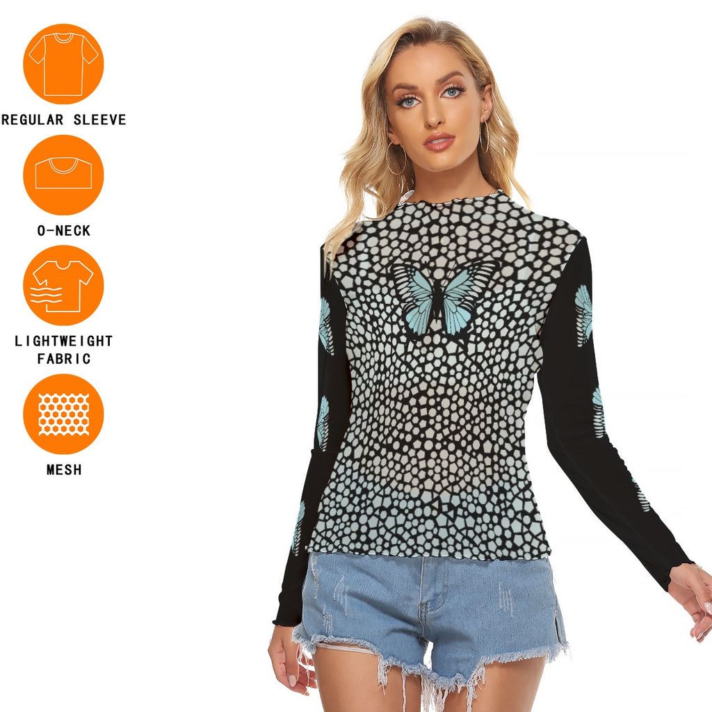 Blue Butterfly Mesh Crop Top - Long Sleeve Sheer Shirt for Women