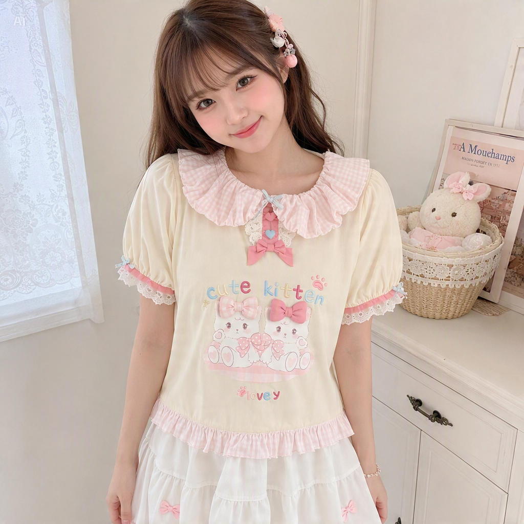 Pink Harajuku Ruffle Top | Cute Bear Lace Tee