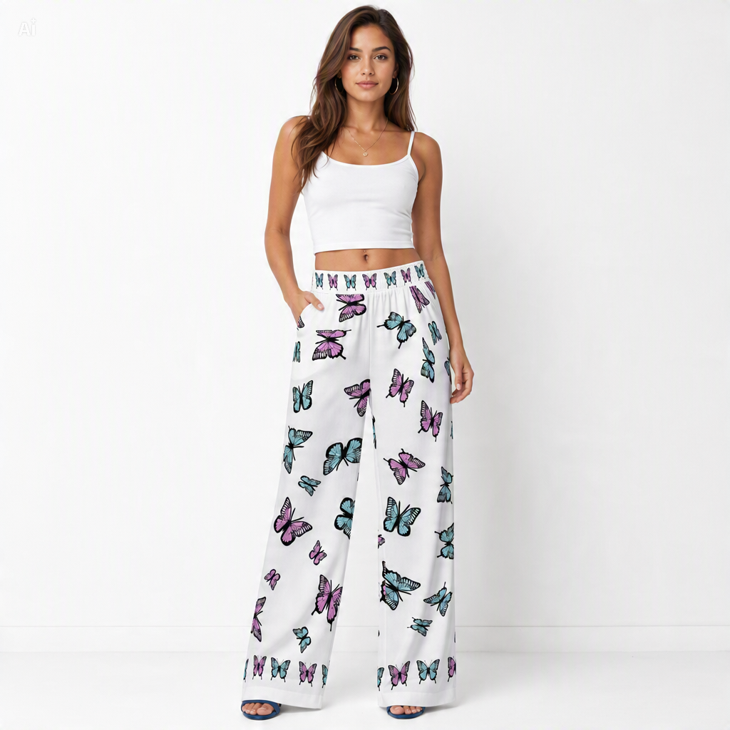 Pastel Butterfly Wide-Leg Palazzo Pants | 100% Rayon
