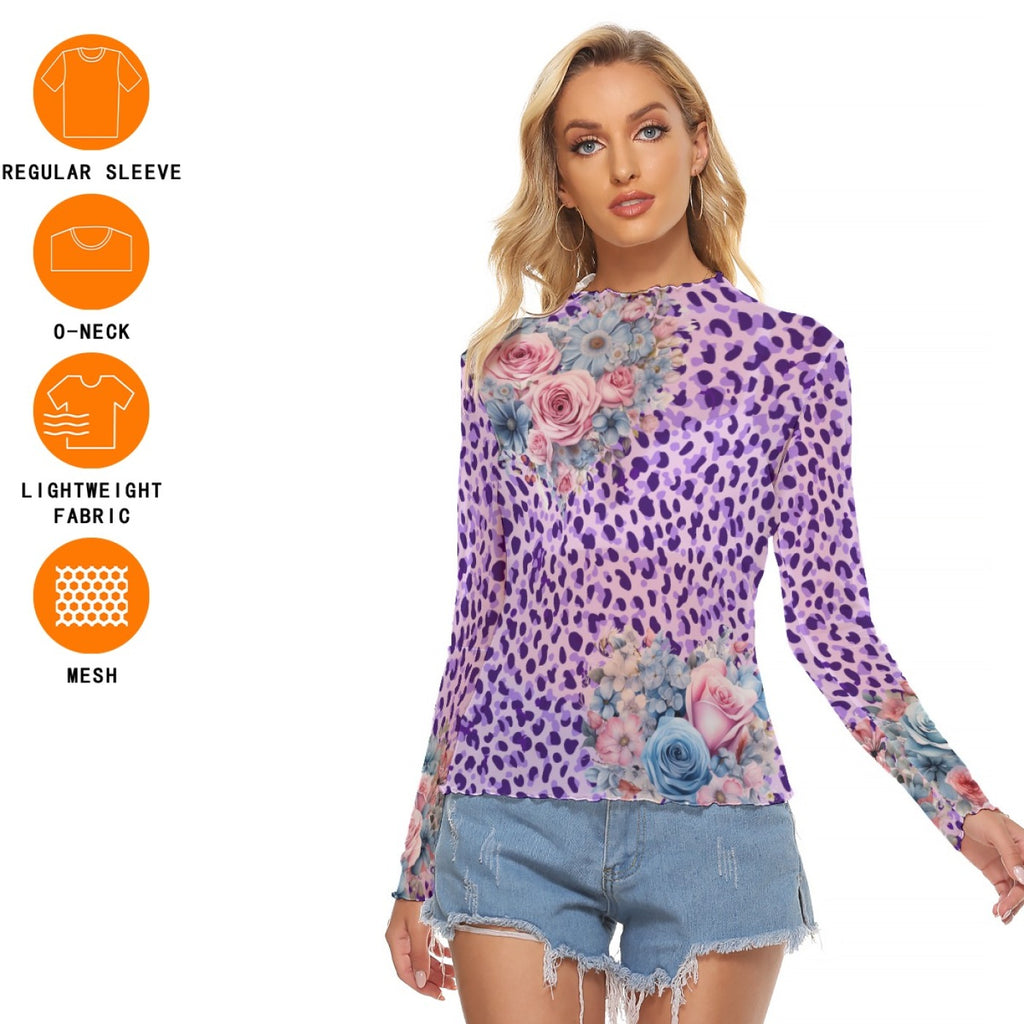 Purple Leopard Floral Mesh Long-Sleeve Top