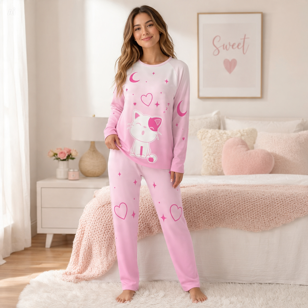 Pink Sleepy Cat Pajama Set