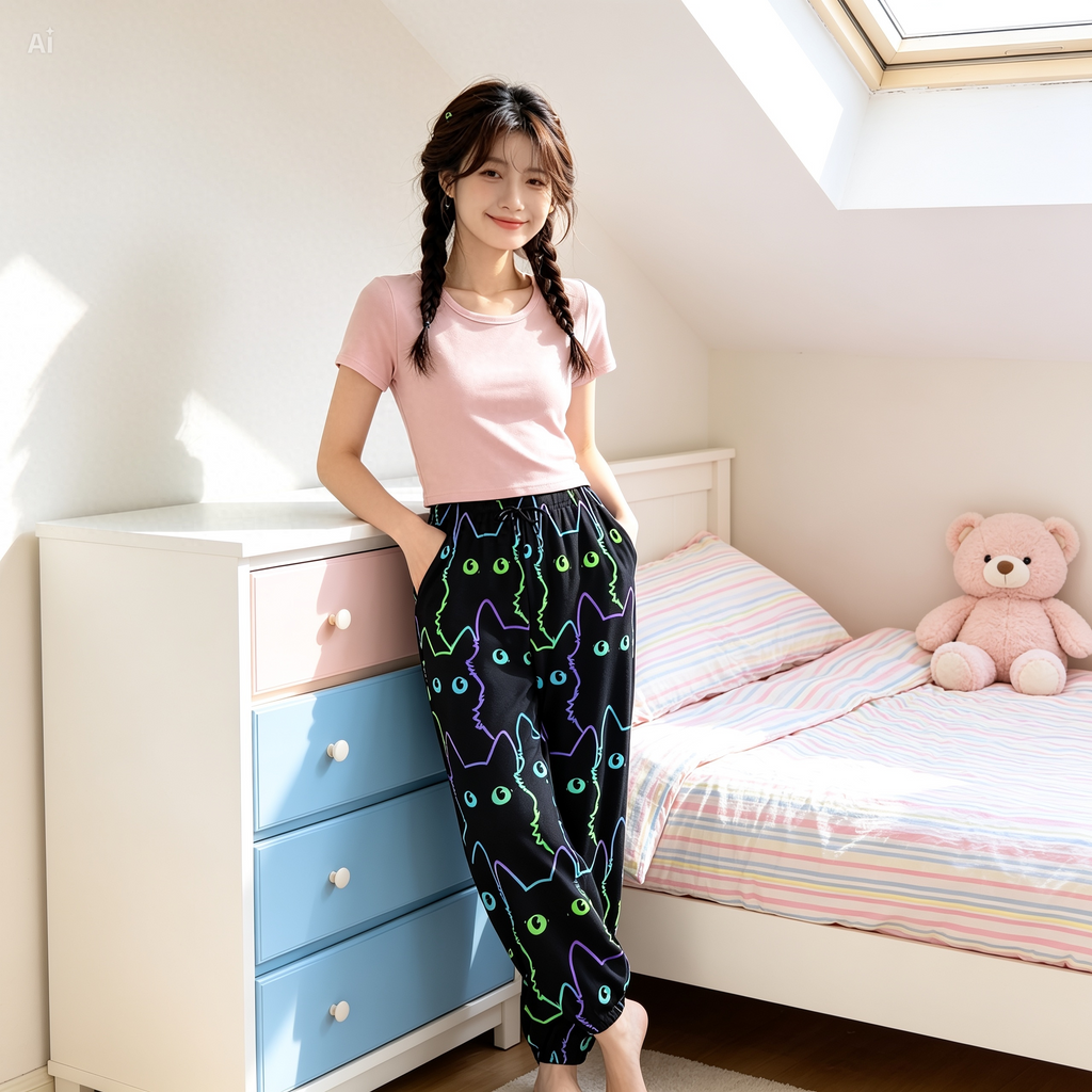 Neon Cat Fleece Joggers – Cute Black Cat Lounge Pants