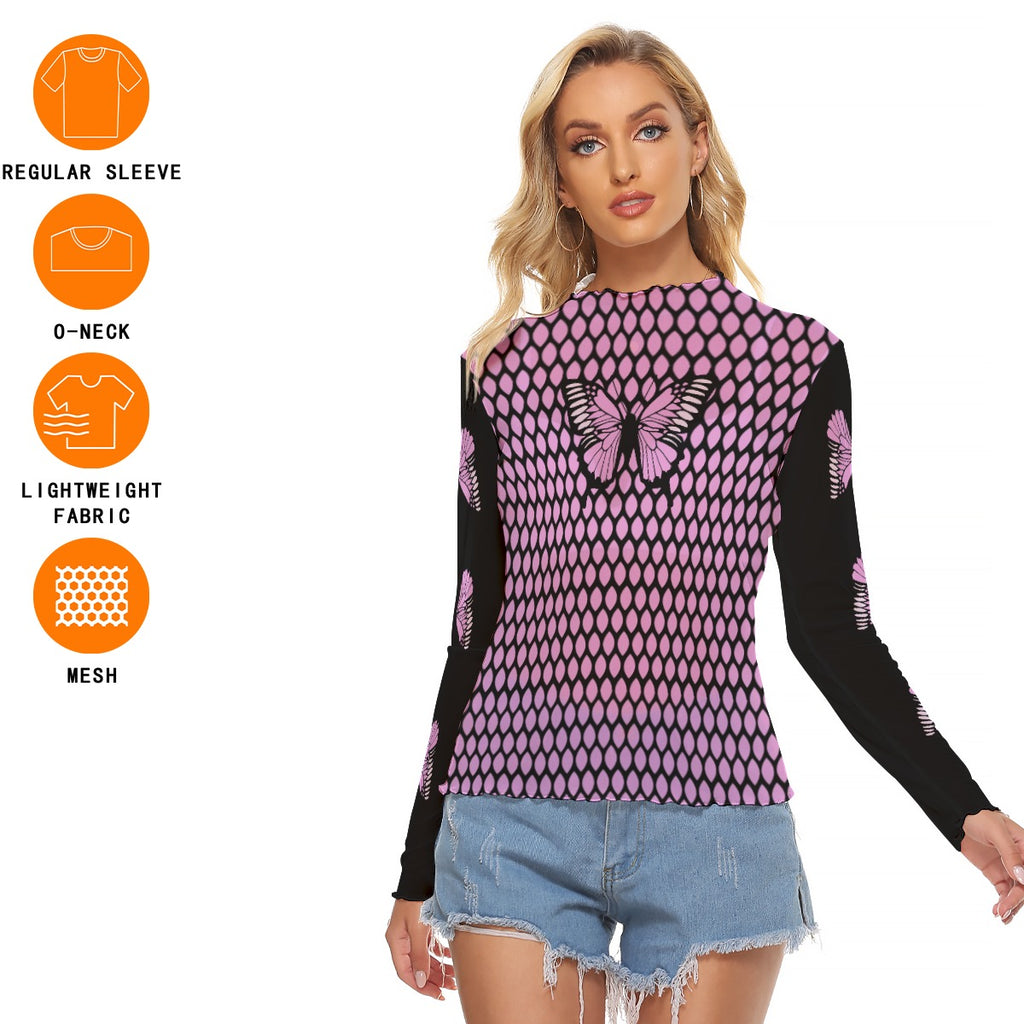 Kawaii Heaven Women's Honeycomb Butterfly Mesh Crop Top - Sexy Pink Long Sleeve Shirt