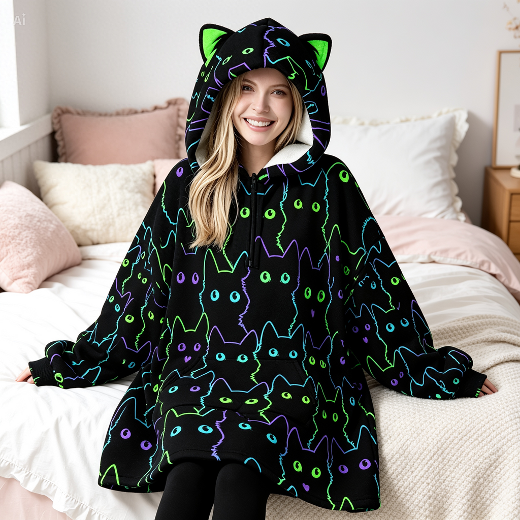 Neon Cat Oversized Fleece Blanket Hoodie