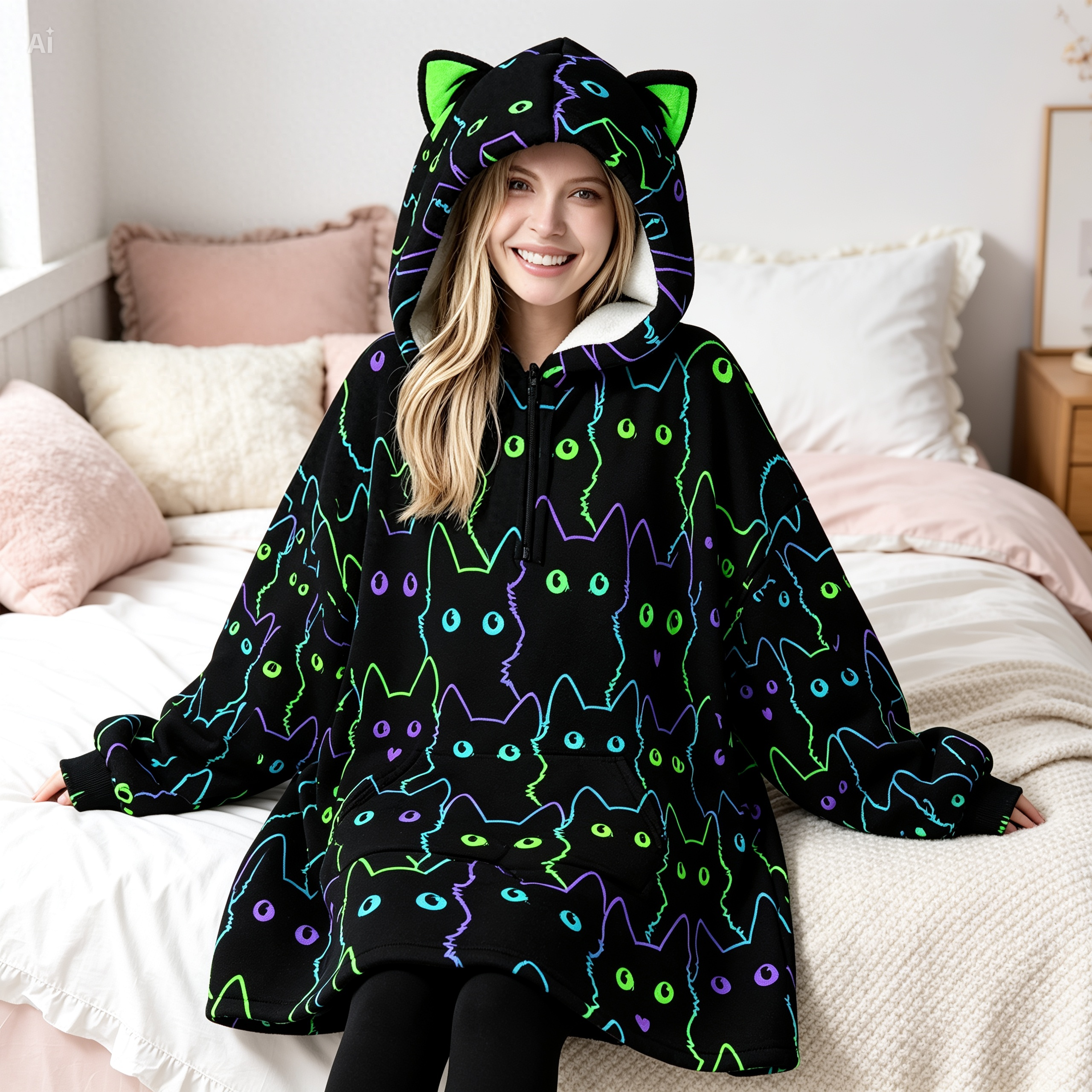 Neon Cat Oversized Fleece Blanket Hoodie