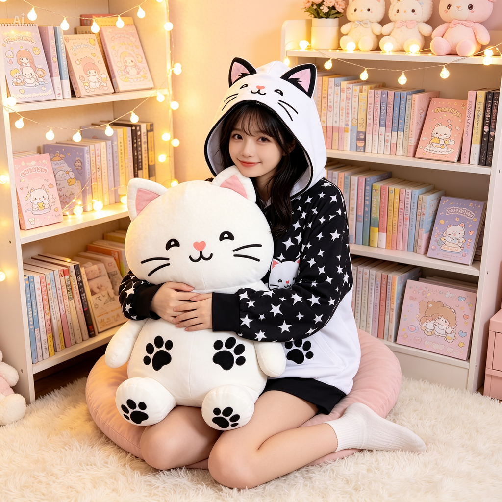Cat Ear Zip Hoodie – Kawaii Star Print Jacket with Paw Pockets