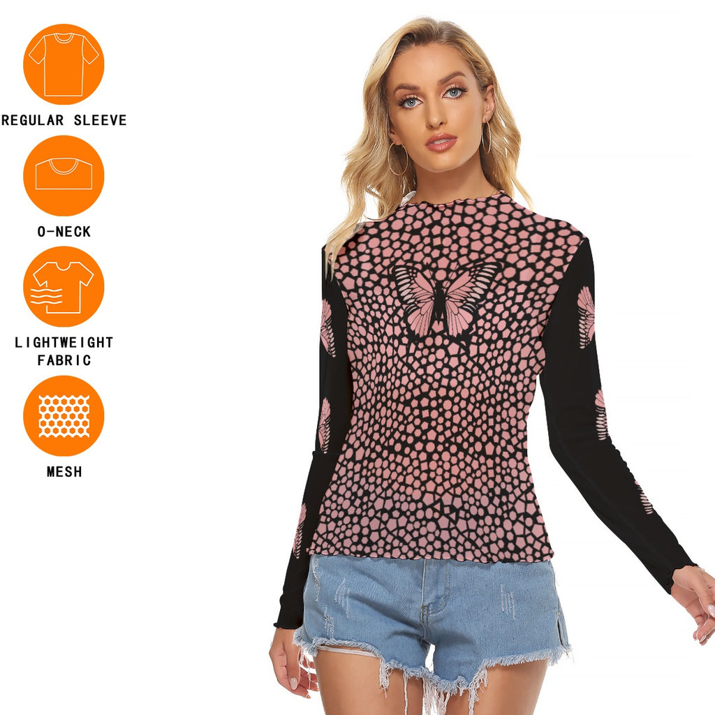 Kawaii Heaven Women's Pink Butterfly Mesh Crop Top - Sexy Aesthetic Long Sleeve Shirt