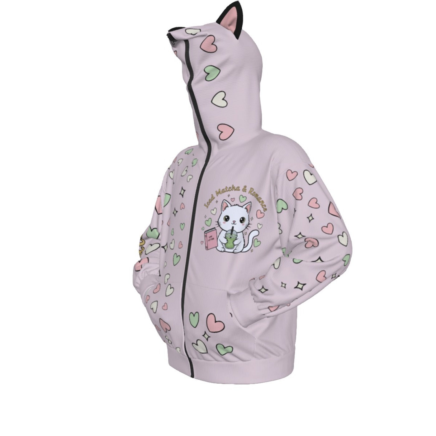 Matcha Reading Cat Ear Zip-Up Hoodie