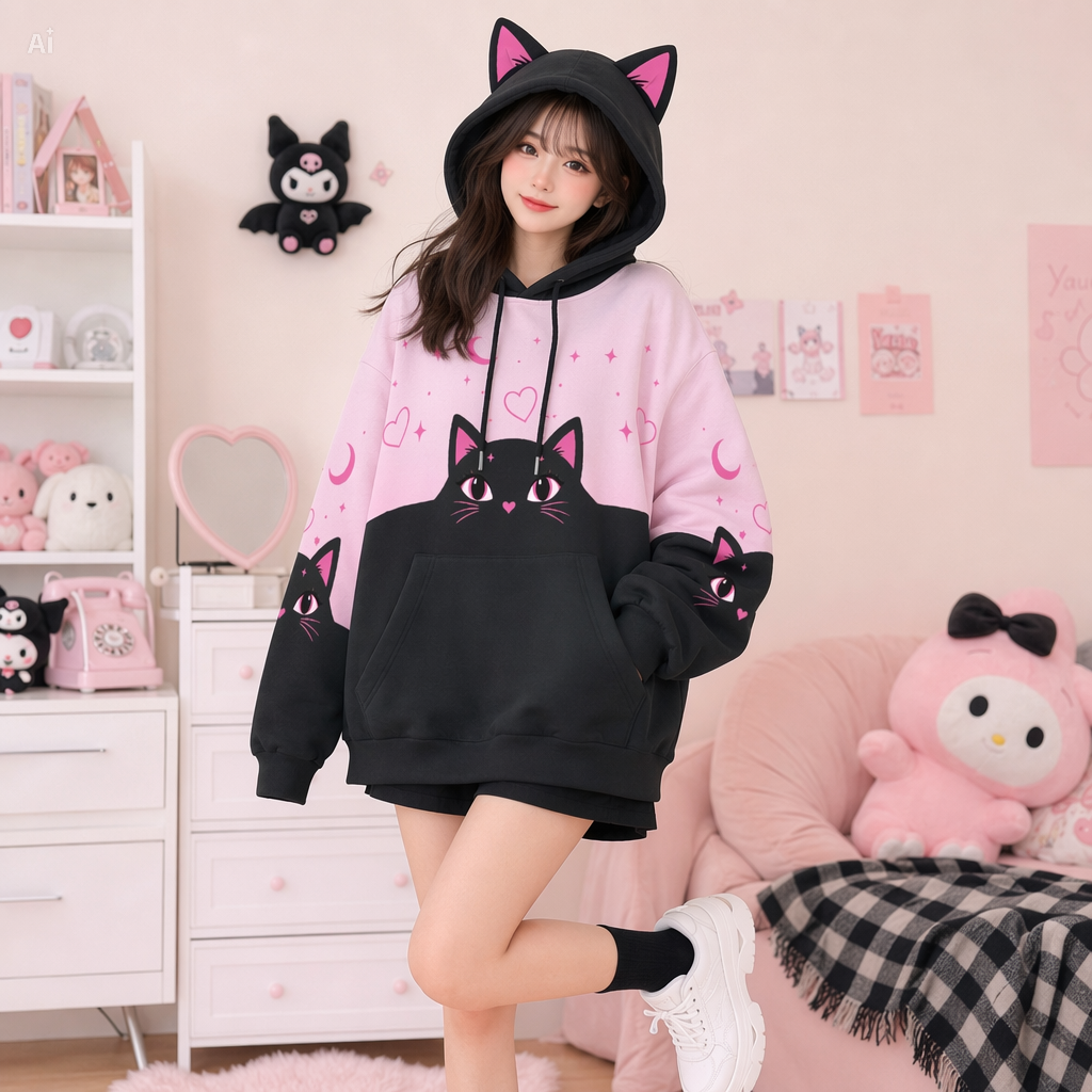 Pastel Pink Black Cat Ear Hoodie