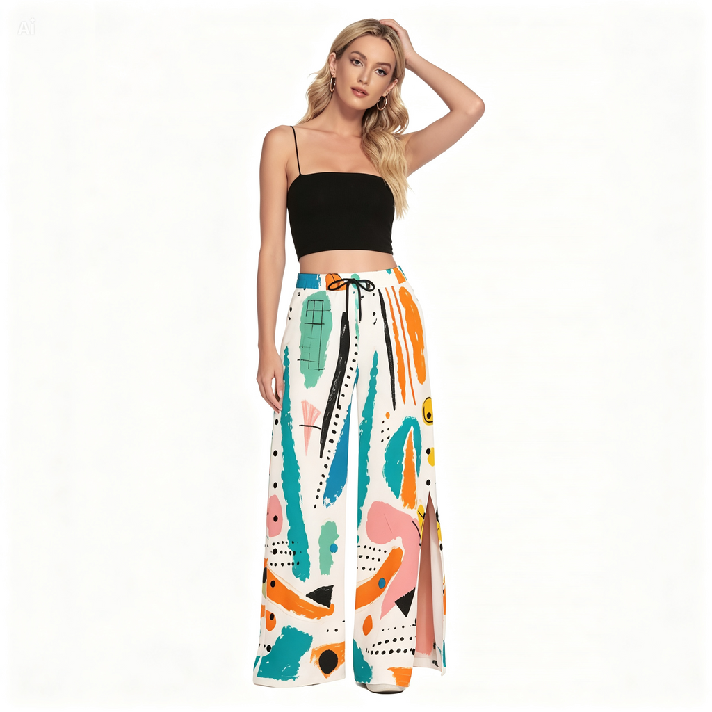 Abstract Side Slit Palazzo Pants – Colorful Wide Leg Snap Button Trousers