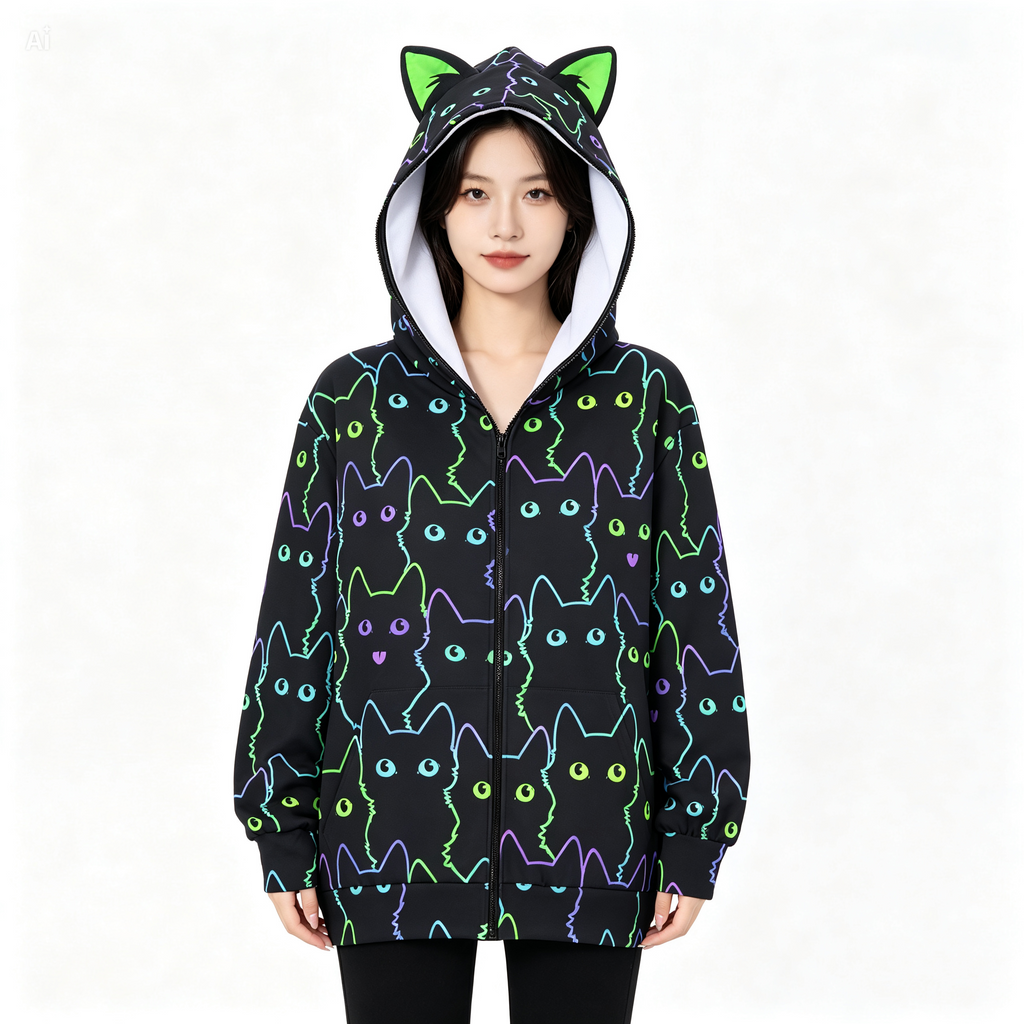 Neon Cat Print Zip-Up Hoodie with Cat Ears - Black Unisex Scuba Hooded Jacket