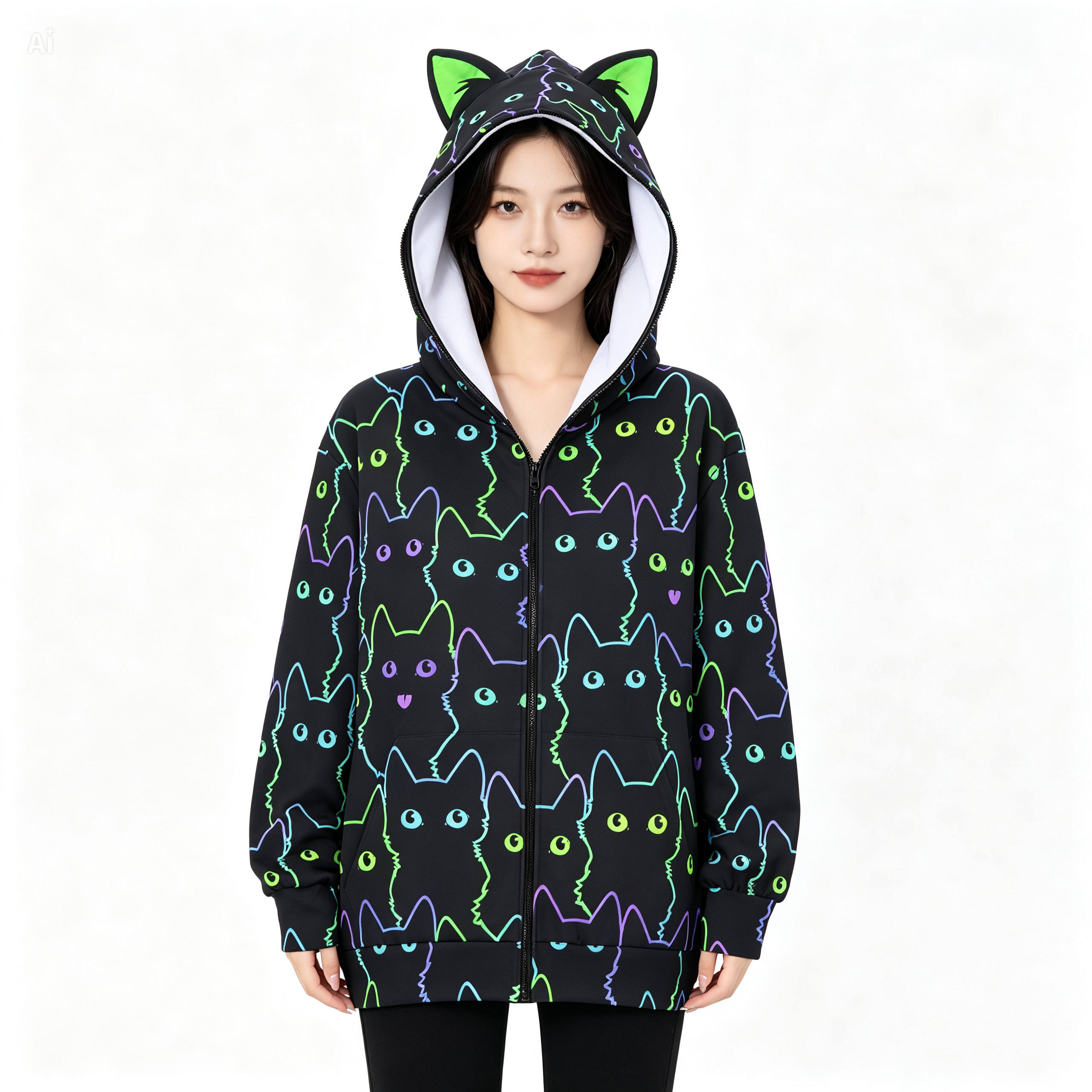 Neon Cat Print Zip-Up Hoodie with Cat Ears - Black Unisex Scuba Hooded Jacket