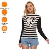 Black and White Striped Mesh Top – Women’s Butterfly Heart Long Sleeve