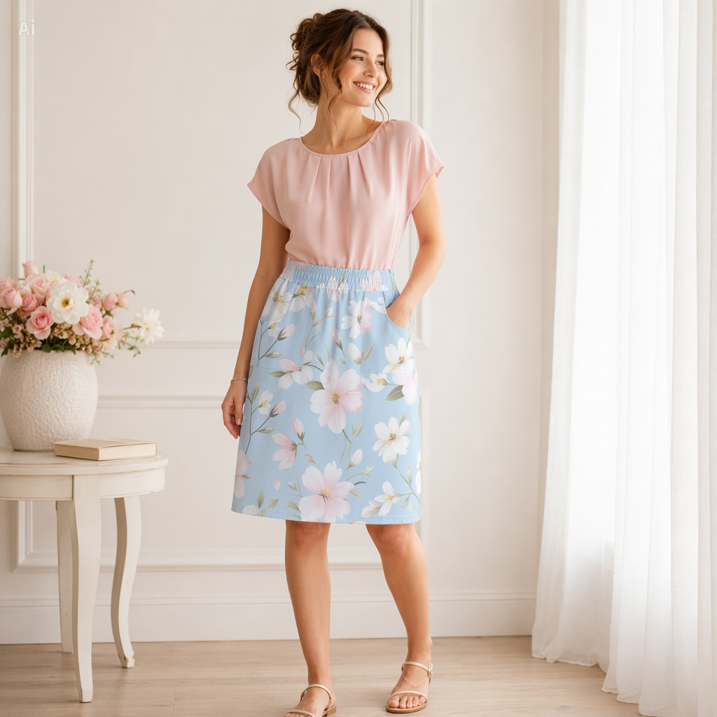 Pastel Blue Floral Pencil Skirt with Pockets